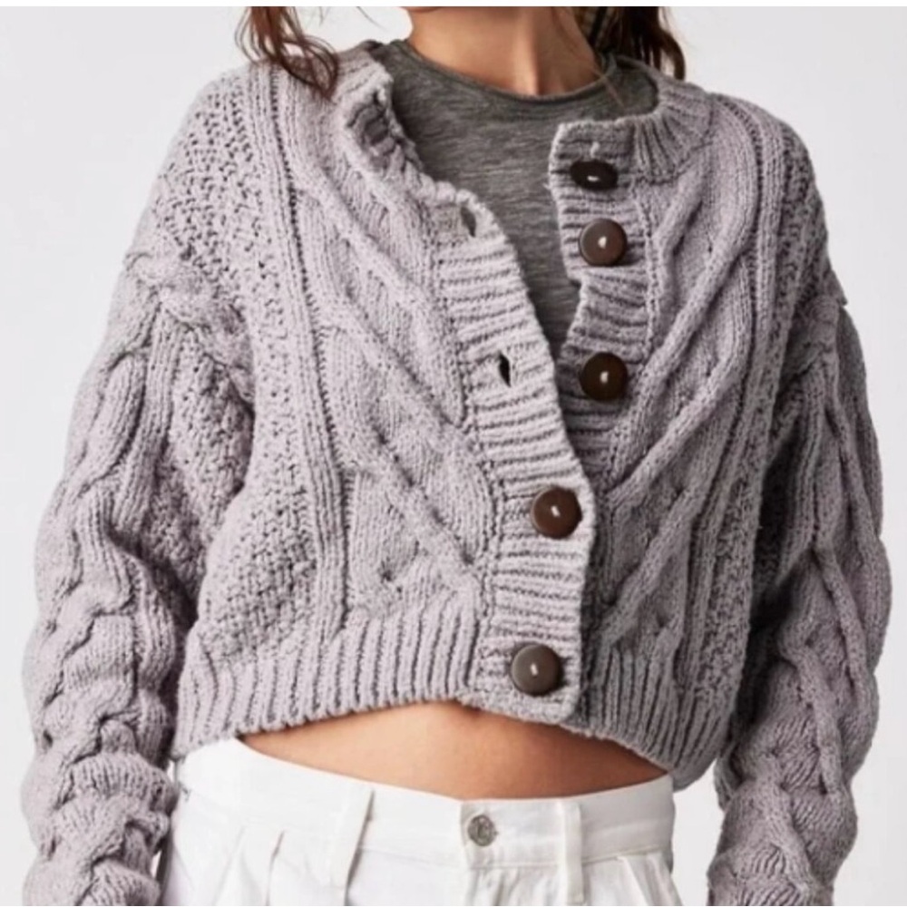 Free People Bonfire Cardi Cardigan Knit Sweater Chunky Boho Grey